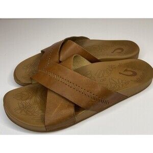 Olukai Sandals Kipe'a 'Olu Slide Brown Leather Wmn Sz 9 Slides Slip On “Sahara”